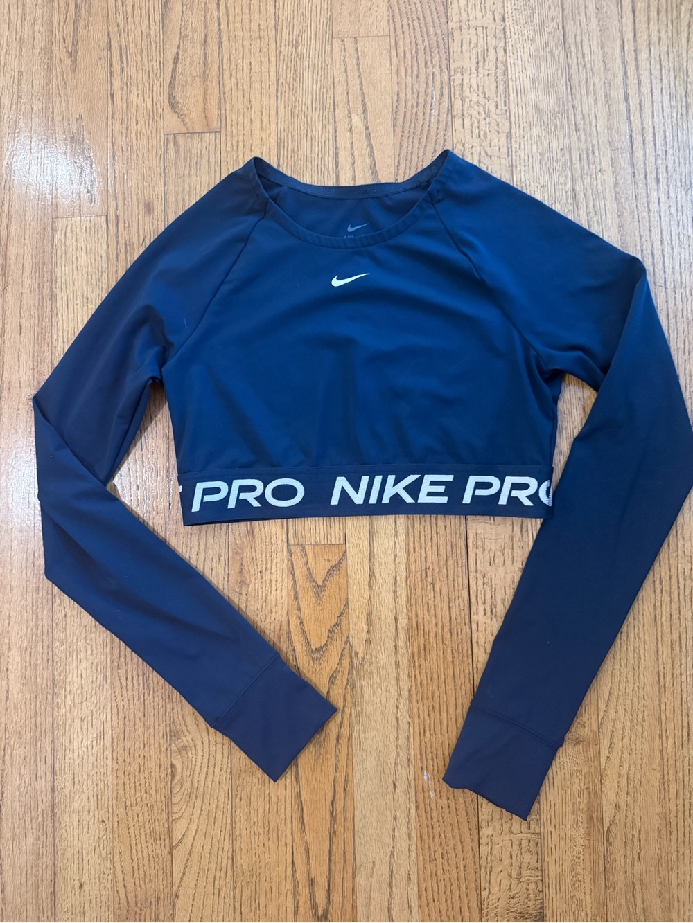 Nike Pro Dri-FIT Long Sleeve Crop Top Size M Navy Blue Logo Band